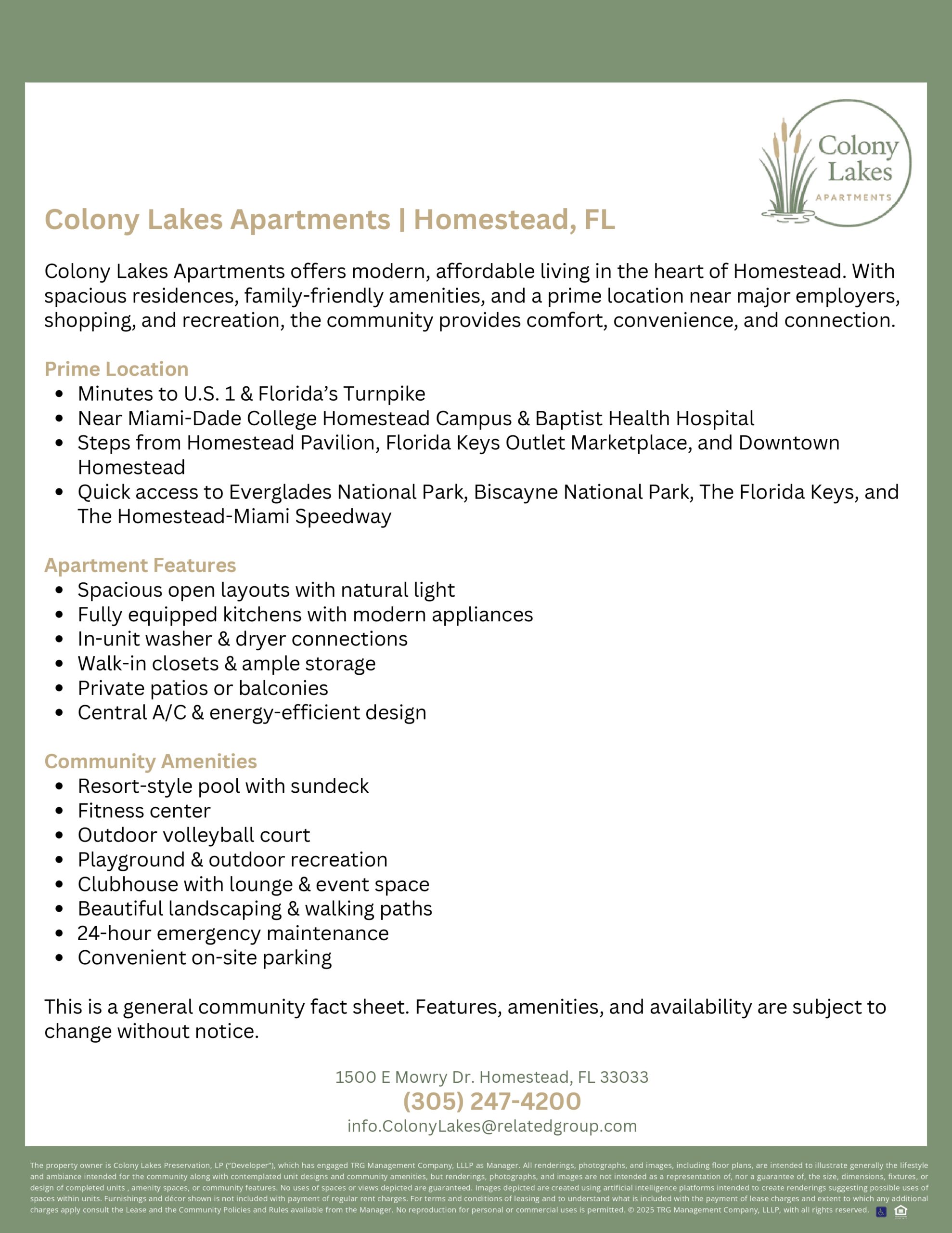 Colony Lakes Apartments | Fact Sheet