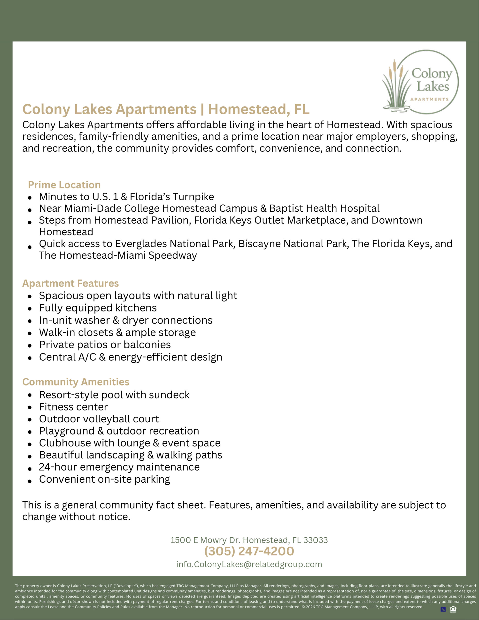 Colony Lakes Apartments | Fact Sheet